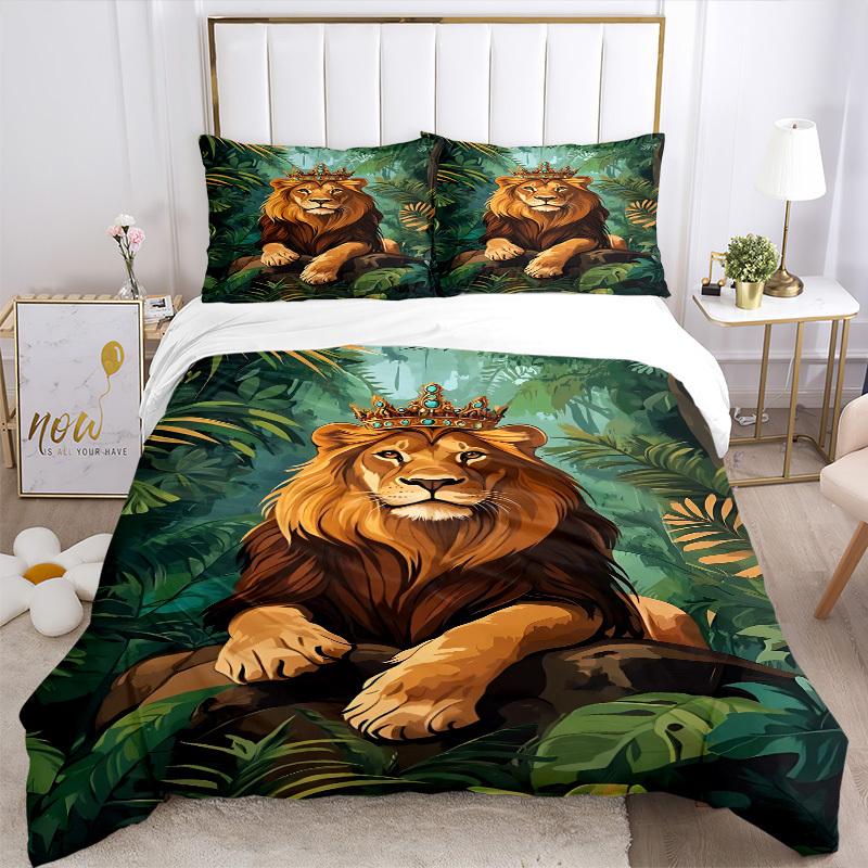 3pcs Royal Lion Crown Bedding Set - 1 Duvet Cover + 2 Pillowcases(Core Not Included), Machine Washable Polyester yy251216168
