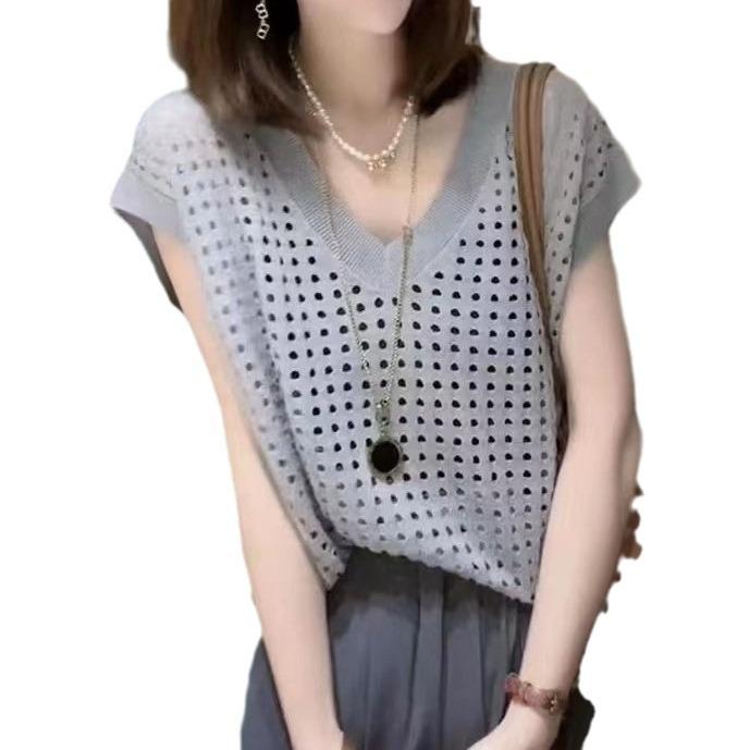 Летний тонкий ажурный трикотажный жилет с V-образным вырезом, женские топы