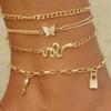 Bohemia Gold Color Snake Ankle Bracelet Set For Women Butterfly Key Lock Charm Anklet Chain On Leg Boho Jewelry Gift