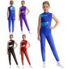 Kids Girls Color Block Jumpsuit Sheer Mesh Mock Neck Sleeveless Cutout Bodysuit for Ballet Dance Gymnastics Acrobatics Workout