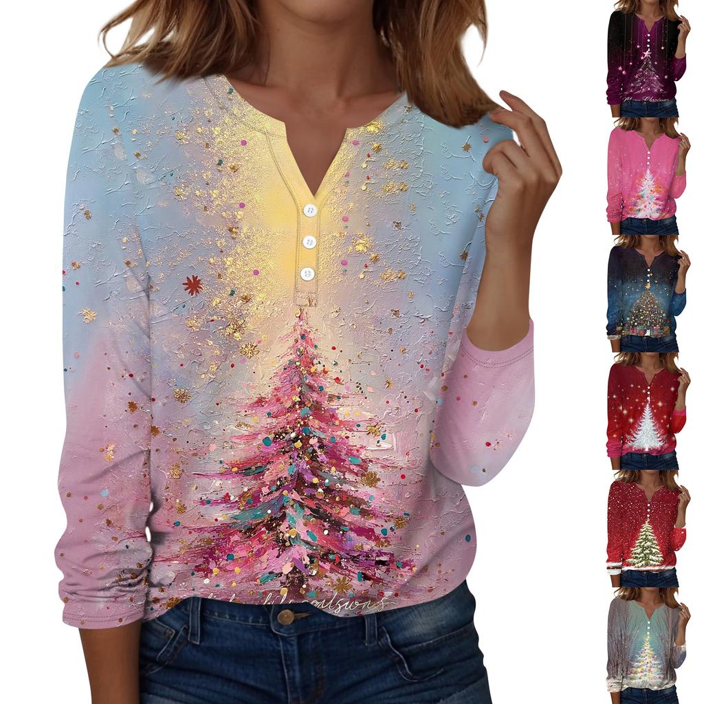 Women's Fashion Casual V-Neck Long Sleeve Decorative Button Christmas Print Top