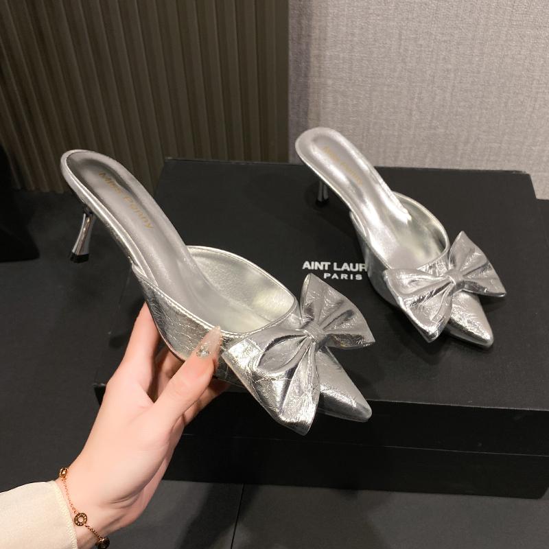 Bow Silver Autumn New Water Diamond Pointed Toe Bridal Style High Heels Women's Thin Heels Party Shoes