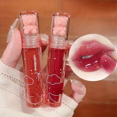 6 цветов глазури для губ Cute Little Bear Mirror Lip Gloss Желеобразная жидкая помада со сверкающим светом Стойкий блеск для губ Макияж для губ для женщин