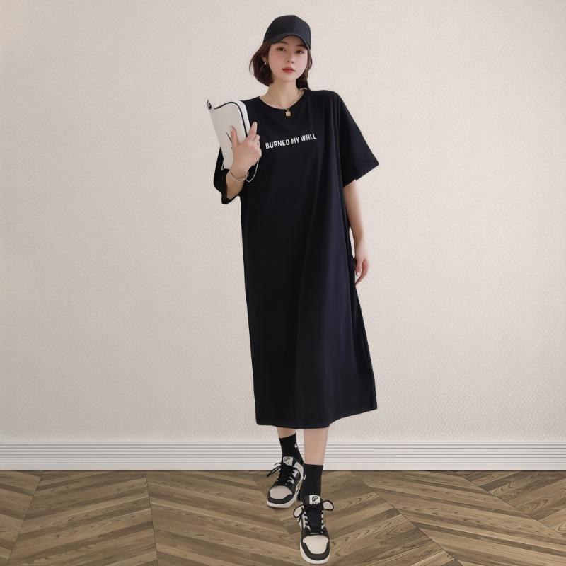 Женское повседневное платье-футболка с короткими рукавами Lazy Fashion, длинное платье с разрезом выше колена