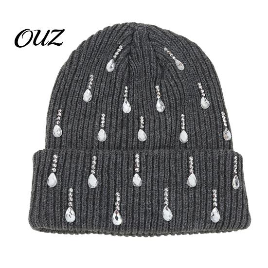 Trendy Knit Caps for Winter Outfits Waterdrop Rhinestone Hat, Bling Stretchy Cuffed Knitted Hat Women Skull Cap Men Cold Weather Daily Wear