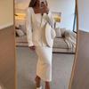 2 Pcs/Set Women Coat Skirt Suit Square Neck Double-breasted Solid Color Long Sleeve Top Slim Fit Skirt Prom Business Office Outfit