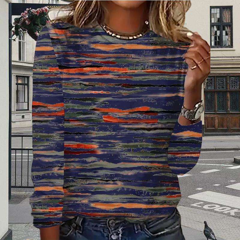 Топы для женщин с принтом камуфляжных линий, круглым вырезом и длинным рукавом, футболка, осенний повседневный тонкий пуловер, женский топ с длинным рукавом