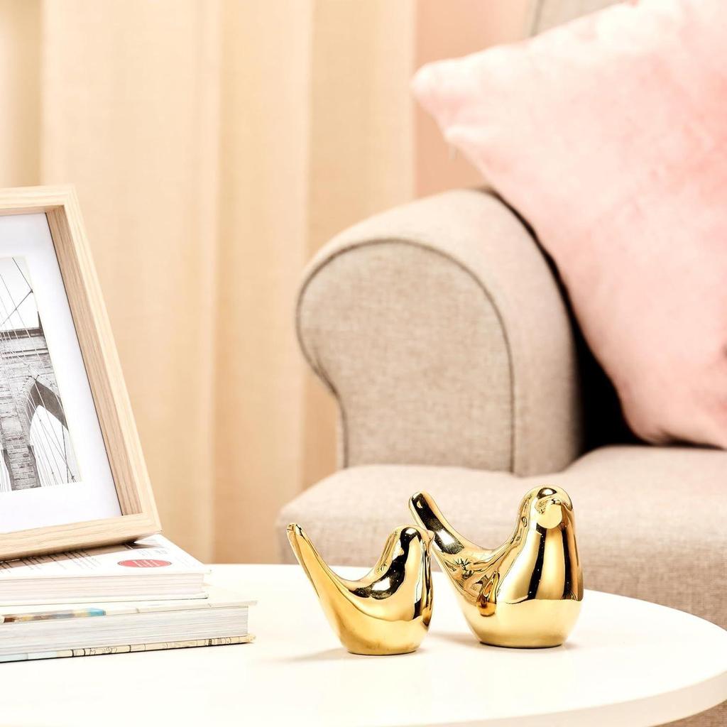 Ceramic Golden Blessing Birds Figurine for Home Decor | Living Room, Bedroom, Office Desk, Cabinets (Pack of 2, Golden)