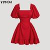 Women Summer Square Neck Puff Short Sleeve Waist Dresses