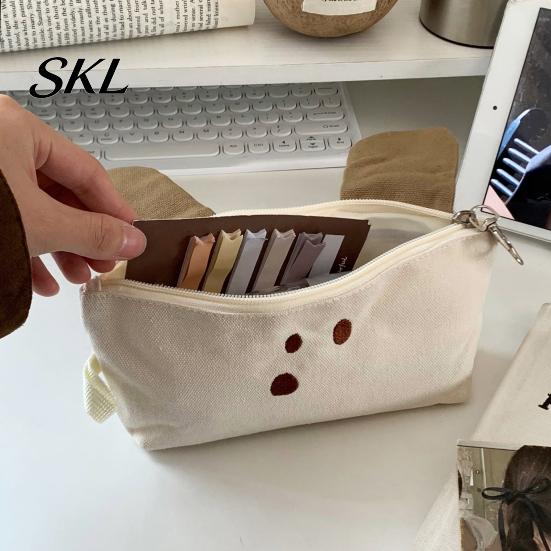 School Stationery Holder Cartoon Dog Canvas Pencil Case, Portable Large Capacity Students Case Bag, Multifunctional Office Supplies Zipper Pouch