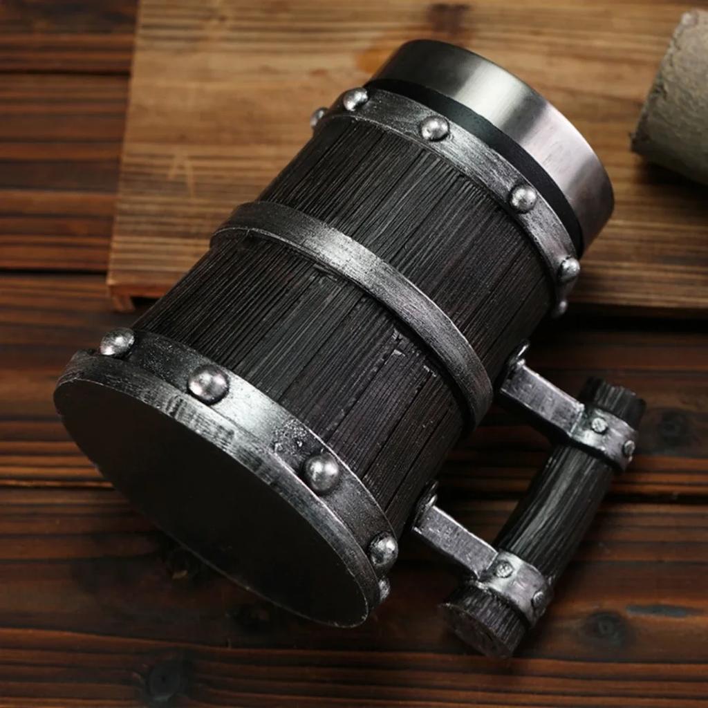 Imitation Wood Retro Beer Mug Resin Stainless Steel Barrel Coffee Cup Primitive Humans Double Wall Beer Jug Large Water Cup