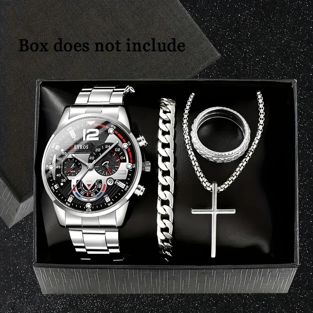 Men's Fashion Watch Set, Casual Quartz Watch with Calendar, Cross Pendant Necklace, Ring and Bracelet - Perfect Gift for Him