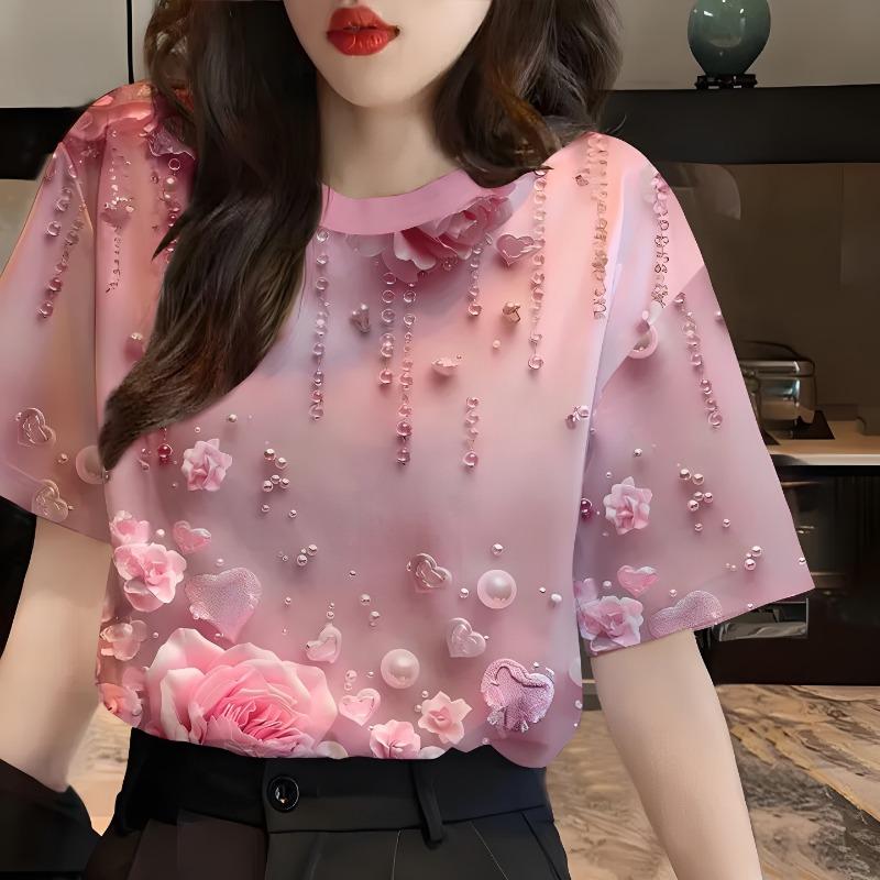 Летняя Горячая Распродажа Креативная Персонализированная Цветочная 3D Печать Короткий Рукав Модная Женская Футболка с Круглым Вырезом Полиэстер