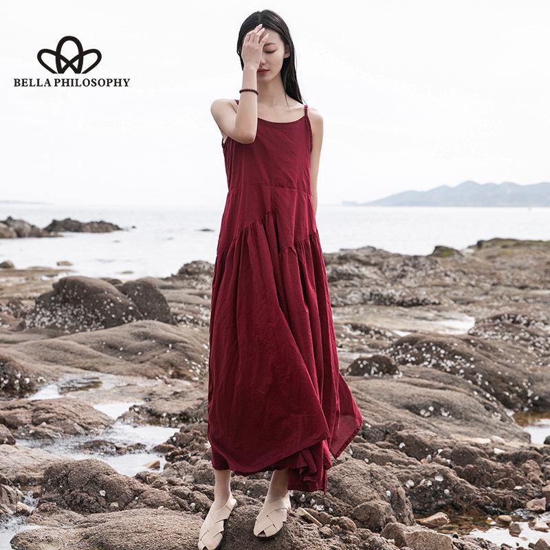 Новое женское платье из хлопка и льна весной и летом, длинное платье нестандартной формы с большими распашными подтяжками