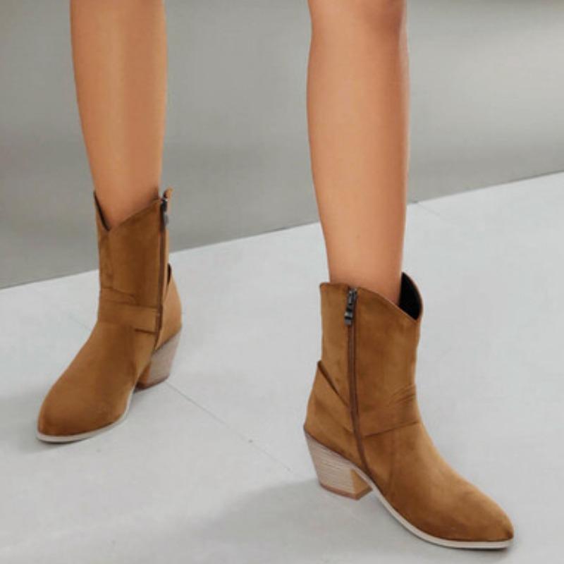 2024 Womens Faux Suede Buckle Designer Ankle Boots Winter Block Heel Zipper Ankle Boots Western Chelsea Cowboy Boots Botas Mujer