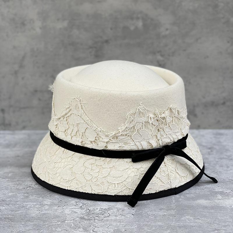 Японская Ретро Элегантная Кружевная Вогнутая Верхняя Часть Звездный Стиль Шерстяная Шляпа-Ведро Женская Шляпа с Короткими Полями Шляпа-Котелок Фетровая Шляпа