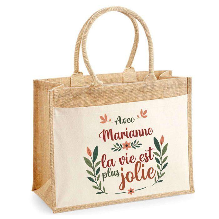 Sac cabas - PLANETEE - jute avec poche Marianne la vie est plus jolie - Jute - 43x33 cm - Anses bandoulière