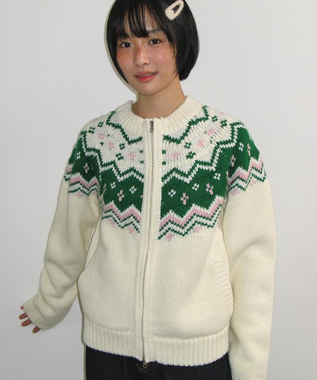 RONRON Nordic Fair Isle Cowichan Knit Zip Up Ivory