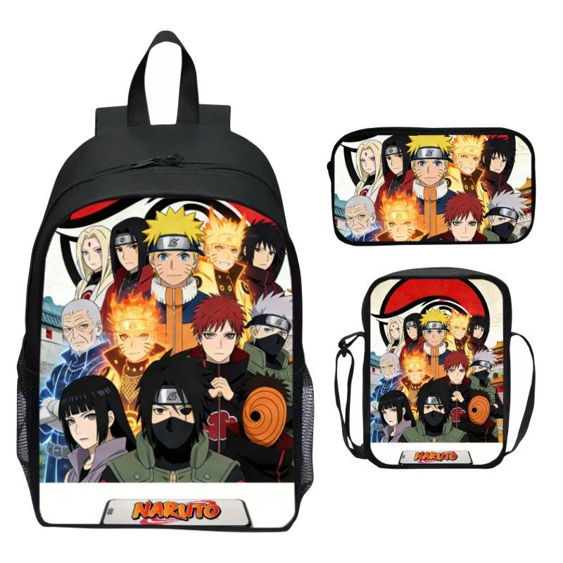Naruto Anime 3-Piece Backpack Set Printed Cartoon Elementary School Bag Lightweight Multi-Pocket