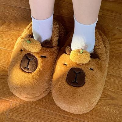 Модные тапочки с изображением животных из мультфильмов, женские домашние теплые тапочки на платформе, милые тапочки-капибары, мягкие короткие плюшевые туфли на плоской подошве из хлопка для дома