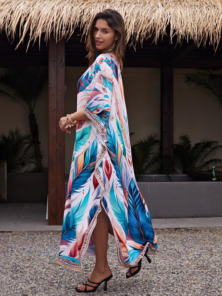 Printed Beach Dresses Viscose Kaftans for Women Summer Plus Size Loose Robe Holiday Living Room Bathing Suits