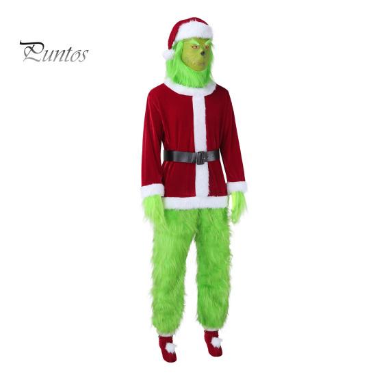 1 комплект рождественского костюма включает в себя верх, штаны, шляпу, пояс, перчатки и бахилы. Зеленый костюм Санта-Клауса из мультфильма, пушистое животное, для косплея, представления, драмы, сцены, оперы.