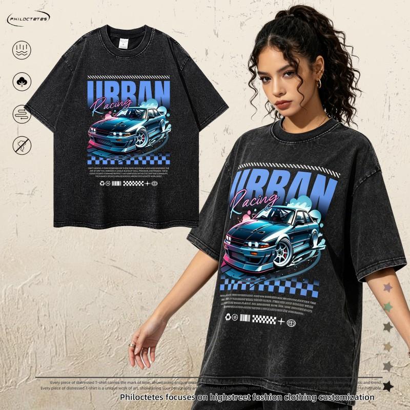 Vintage Racing Culture T-Shirt Men Women Oversized Loose Fit Washed Distressed Cotton Short Sleeve Tee