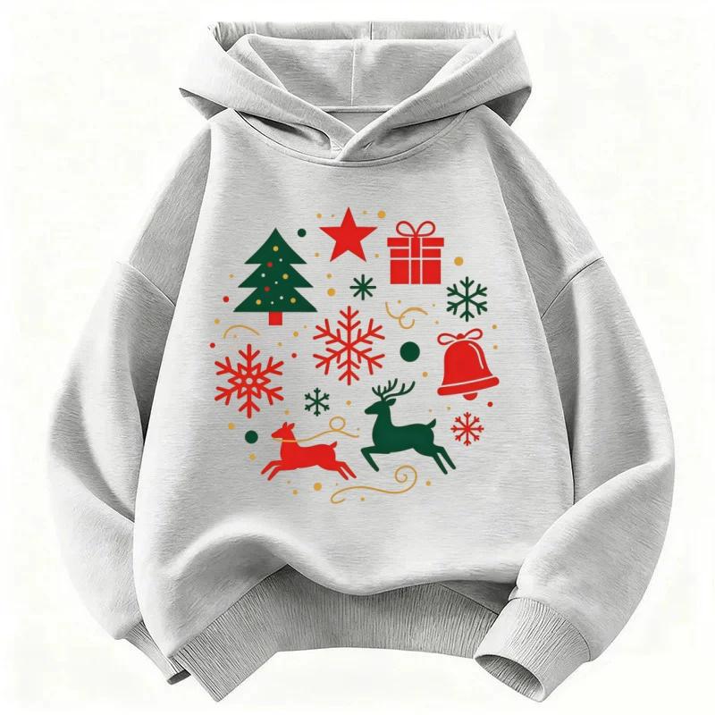 Simple style kids hooded sweatshirt with christmas tree and reindeer illustration, soft texture, ideal as christmas gift and casual daily clothes.