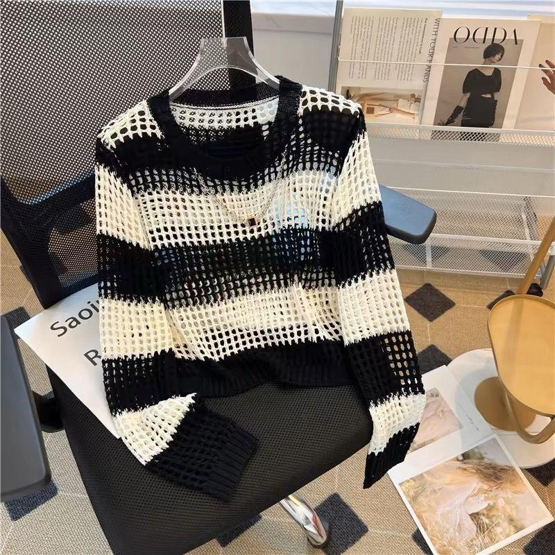 Spring/Summer Design Knitted Shirt Women's Hollow High End Striped Hollow Knitted Shirt Top Outerwear