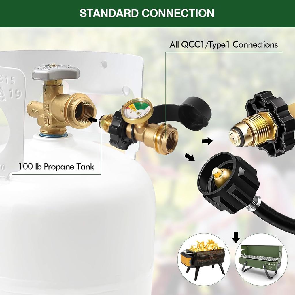 100 lb Propane Tank Adapter with Gauge, Universal Fit POL Propane Tank Gauge Converts POL Gas Tank Service Valve to QCC1 / Type 1, Old to New