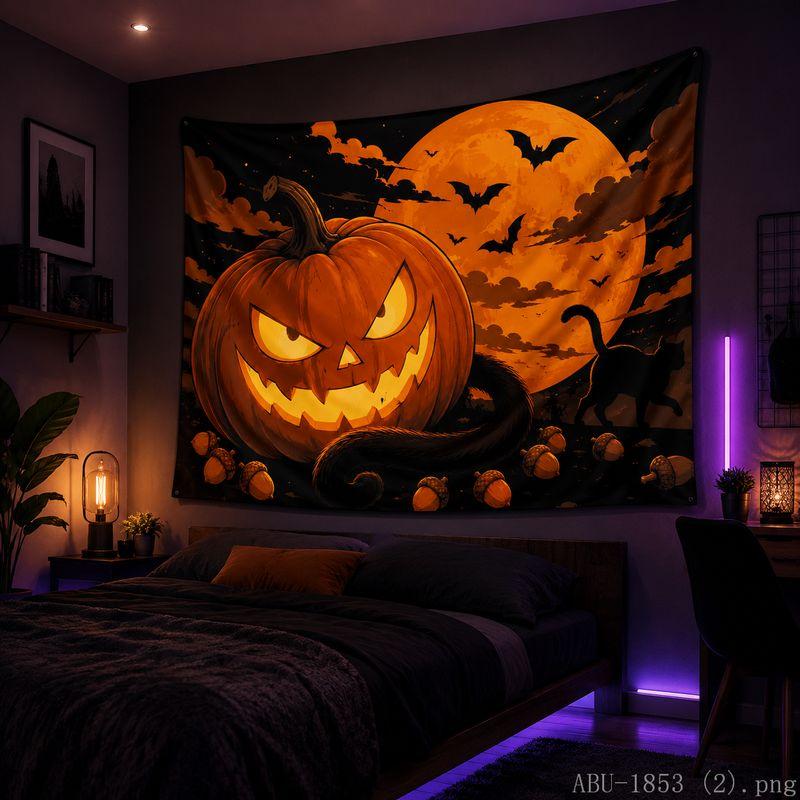 Halloween Tapestry Pumpkin Bat Cat Maple Leaf Moon Print Bedroom Living Room Party Wall Hanging Decor Cloth