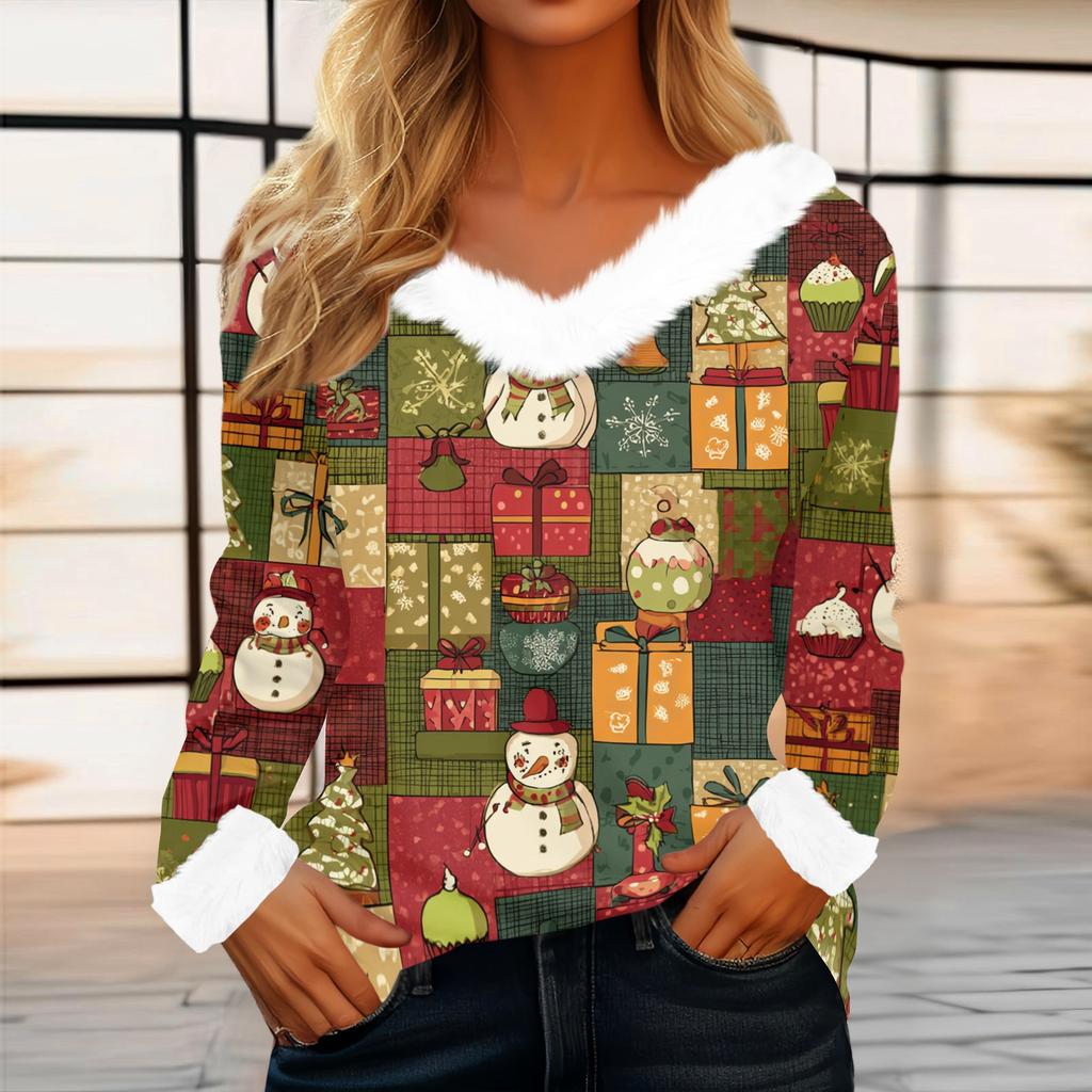 Женский повседневный модный топ с длинным рукавом и фланелевым воротником с рождественским принтом
