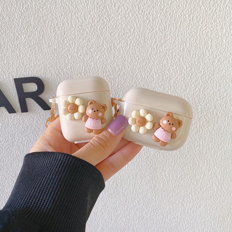 Подходит для чехла наушников Airpodspro Airpods третьего поколения Трехмерный Цветочный Медведь Нишевый Креативный Силиконовый Чехол