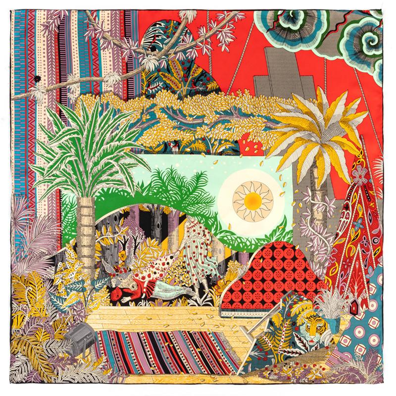 POBING Manual Hand Rolled Twill Silk Scarf Women Indian Feather Square Scarves Echarpes Foulards Femme Wrap Bandana Hijab 90CM