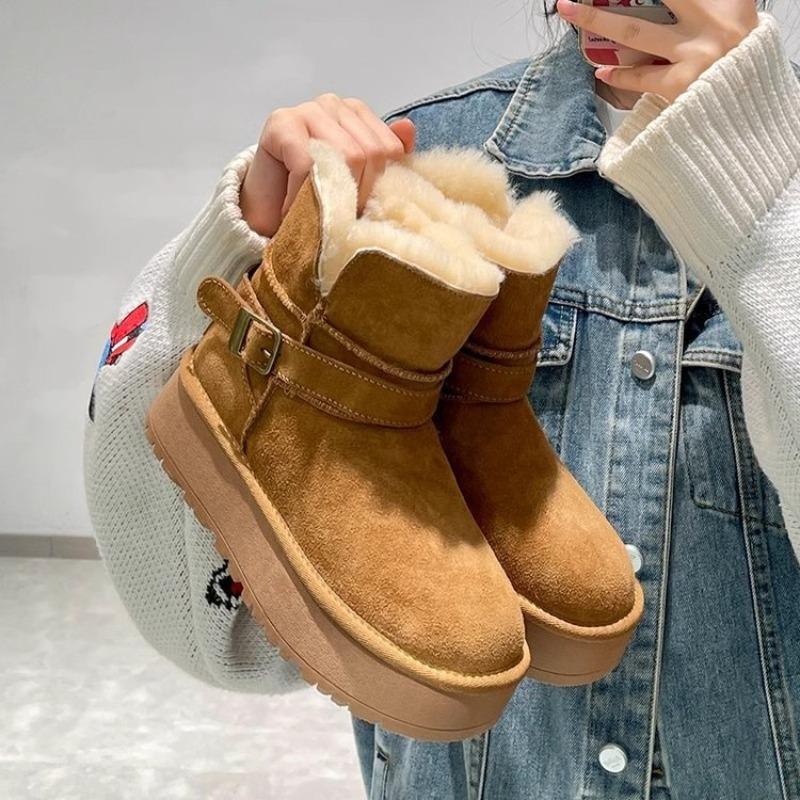 Зимние ботинки, Женские плюшевые теплые новые ботинки на толстой подошве с ремешком и пряжкой, Короткие хлопковые ботинки