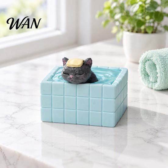 Unique Desktop Ornament for Cat Lovers Cute Bathing Figurine, Mini Kitten in Blue Bathtub Statue, Micro Landscape Small Sculpture Home Fairy