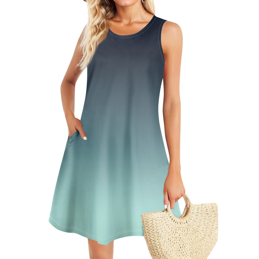 Summer Dresses For Women Beach Boho Sleeveless Vintage Printing Flowy Pocket Tshirt Tank Sundresses