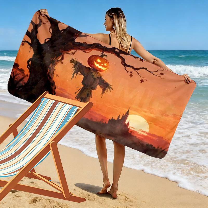 Halloween Pumpkin Head Scarecrow Castle Print Beach Towel, Spooky Quick‑Dry Towel for Beach Pool Travel