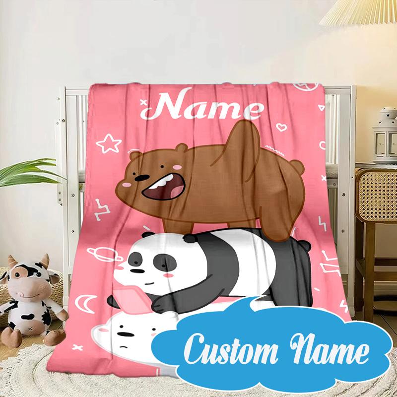 Custom Name Brown Bear Heart Love Blanket bed sofa Blanket Flannel Blanket for Camping, Hiking, Picnic Essentials,gift for Fan family