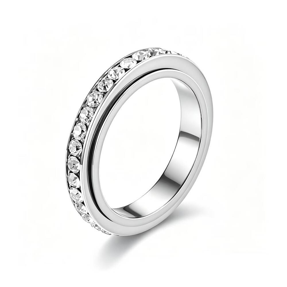 Light luxury temperament rotatable single row full diamond titanium steel ring women's 18k non-fading zircon gypsy couple ring