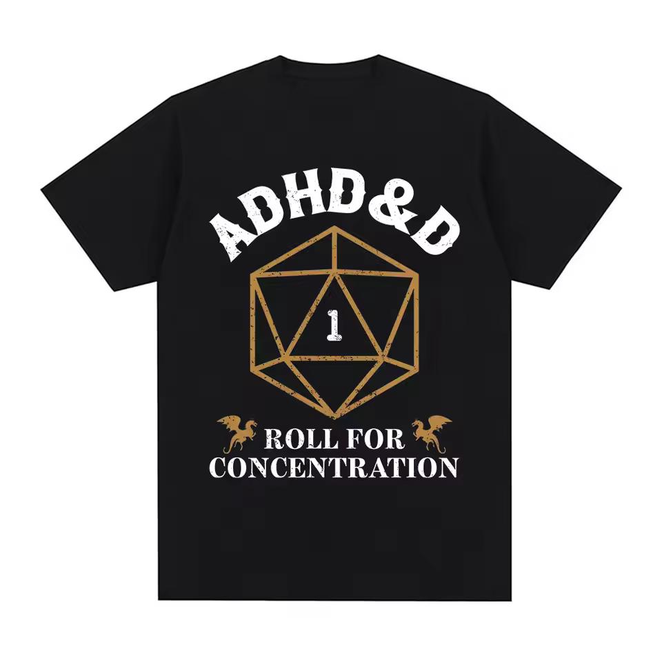 ADHD&D Бросок на Концентрацию Футболка Смешная Геймерская Dungeons DM RPG Кубики Дракон Футболки Унисекс Хлопок Повседневные Футболки Уличная Одежда