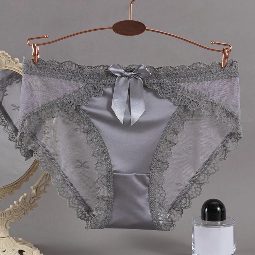Breathable Low Waist Lace Panties Transparent Cotton Crotch Mesh Flower Briefs Lingerie Bow Lace Thin Underwear Lady