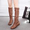 Women Leather Mid Calf Boots Casual Slip On Autumn Winter Wedge Long Fashion Pleated Round Toe Black High Female