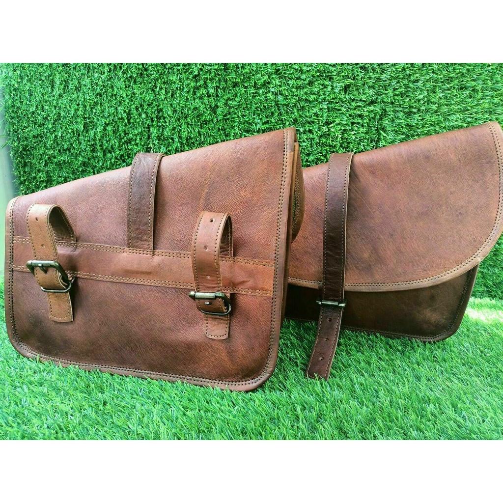 Combo Brown Vintage Leather 3 Saddle Bag Motorcycle Swing Arm Storage Tool Pouch