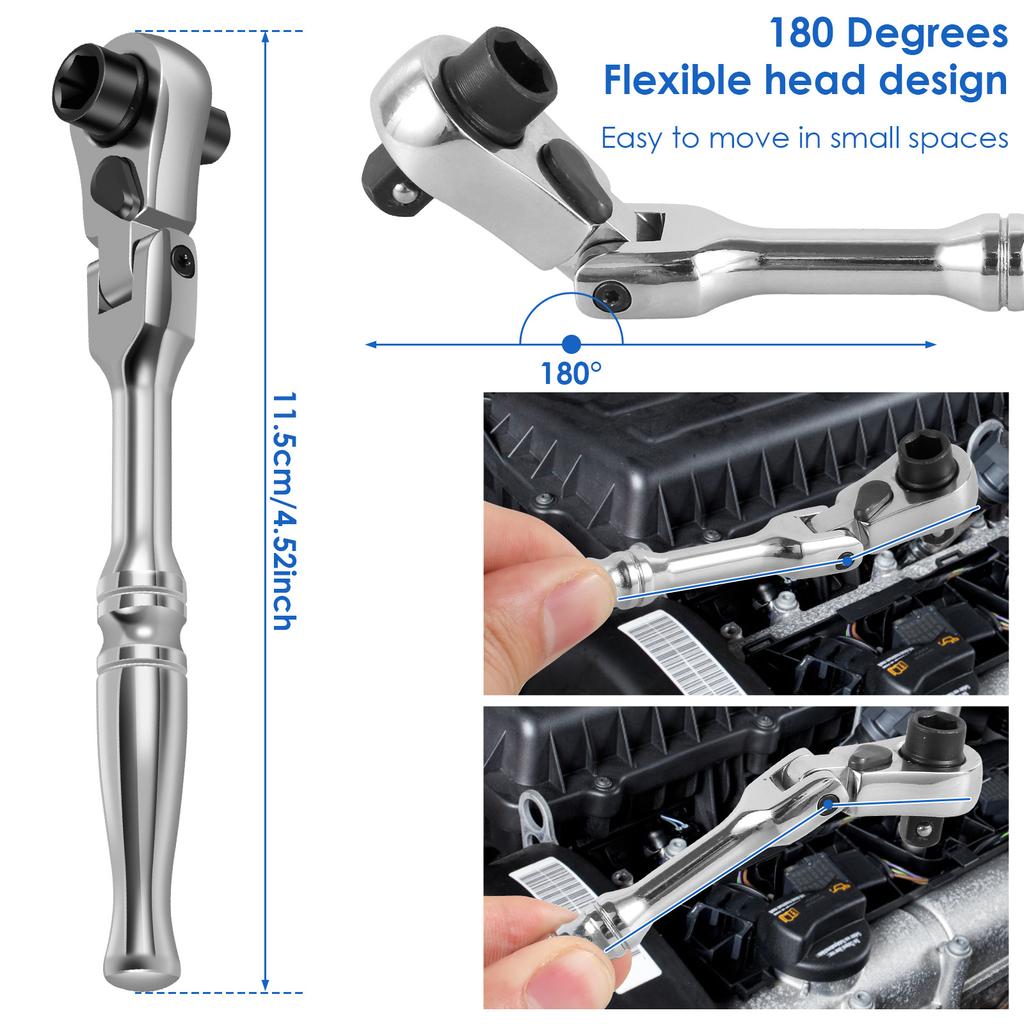 Ratchet Handle Chrome Vanadium Steel 2 In 1 Multifunctional Flex Head Ratchet Wrench 1/4inch Drive Ratchet and Bit Driver Tool