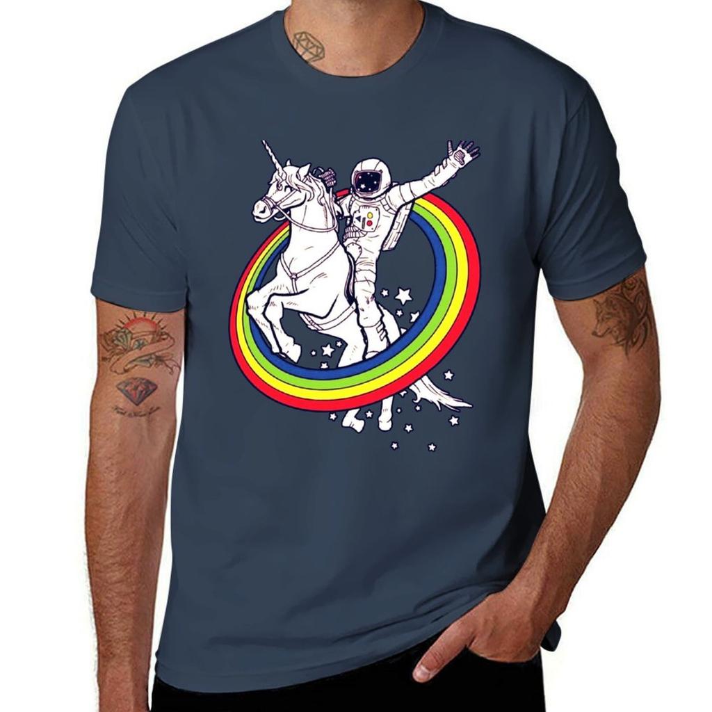 Astronaut Riding Unicorn Throw The Rainbow TShirt Casual Holiday Short Sleeve Tee