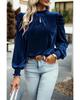 Sky Blue Fiery Mock Neck Puff Sleeve Velvet Blouse