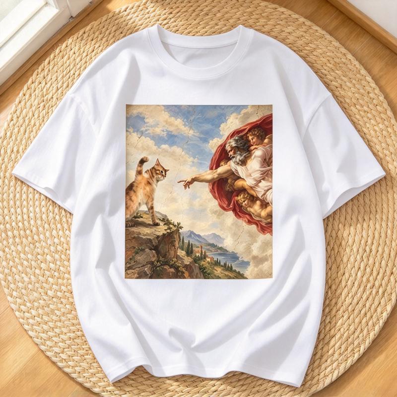 Renaissance Creation Of Cat Graphic T Shirt Unisex Unisex Funny Art Meme Print Casual Short Sleeve Tops Vintage Oil Painting Cat Tee