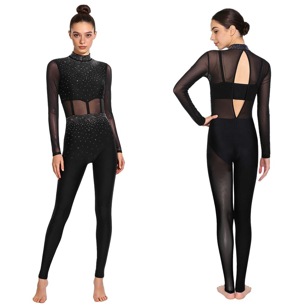 Блестящий комбинезон с полным покрытием для сцены S-XXL: Женская одежда для выступлений с прозрачными сетчатыми вставками и деталью на спине