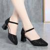 5.5cm Comfortable Pointed Toe Mesh Rhinestone Sandals Women Shoes Summer 2025 Med Block Heels Sandals for Office Mom Gold Black